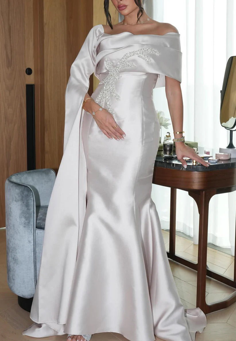 Off-Shoulder Long Sleeves Beaded Mermaid Evening Dress simple gentle atmospheric and unique desi Bring summer colors to enhance whiteness