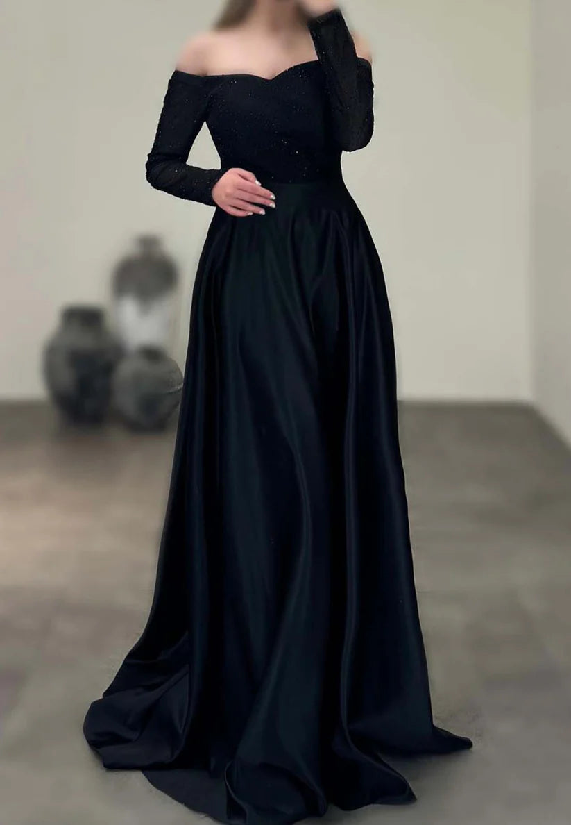 Off-Shoulder Long Sleeves Beaded Pleated Satin A-Line Formal Dress simple gentle atmospheric and unique desi Bring summer colors to enhance whiteness