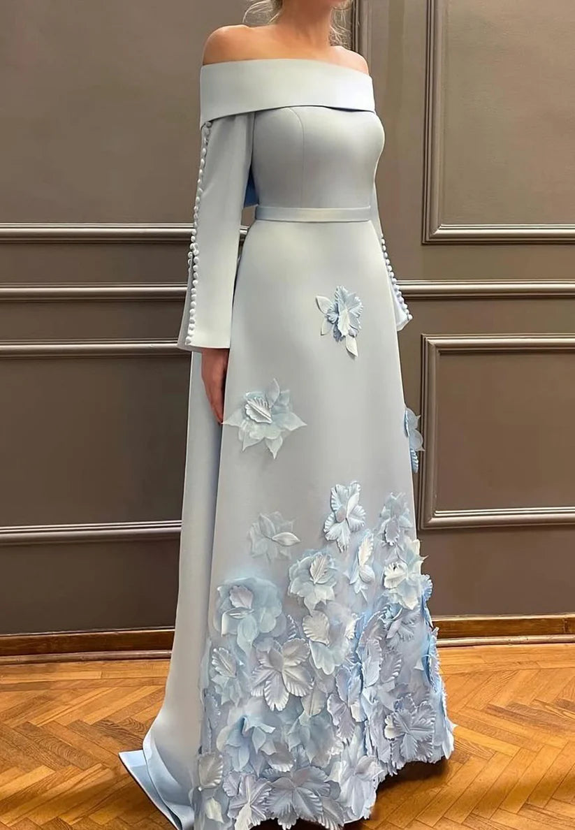 Off-Shoulder Long Sleeves Floral A-Line Mother of Bride Dress simple gentle atmospheric and unique desi Bring summer colors to enhance whiteness