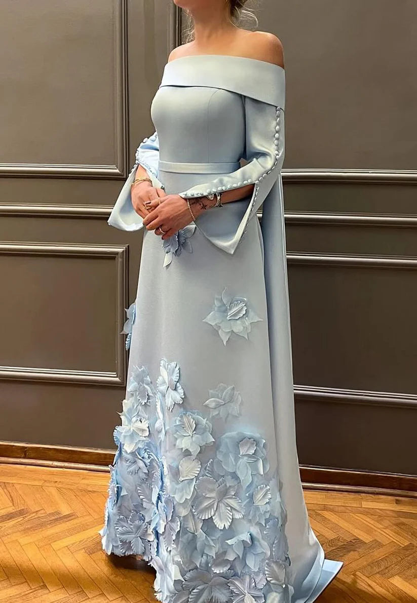 Off-Shoulder Long Sleeves Floral A-Line Mother of Bride Dress simple gentle atmospheric and unique desi Bring summer colors to enhance whiteness
