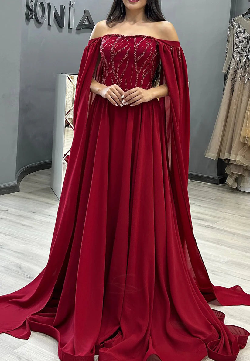 Off-Shoulder Long Sleeves Pleated Beaded Formal Dress A-Line Evening Dress simple gentle atmospheric and unique desi Bring summer colors to enhance whiteness