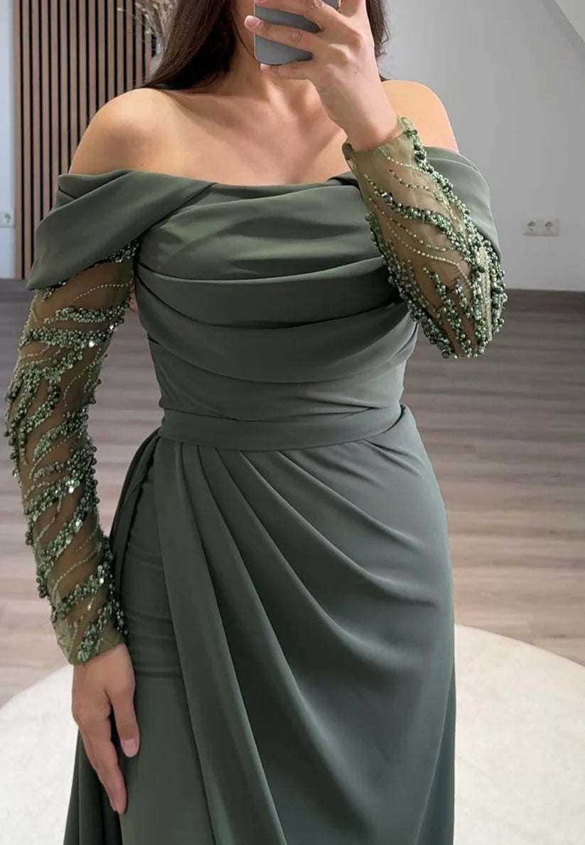 Off-Shoulder Long Sleeves Ruched Sheath Formal Dress simple gentle atmospheric and unique desi Bring summer colors to enhance whiteness