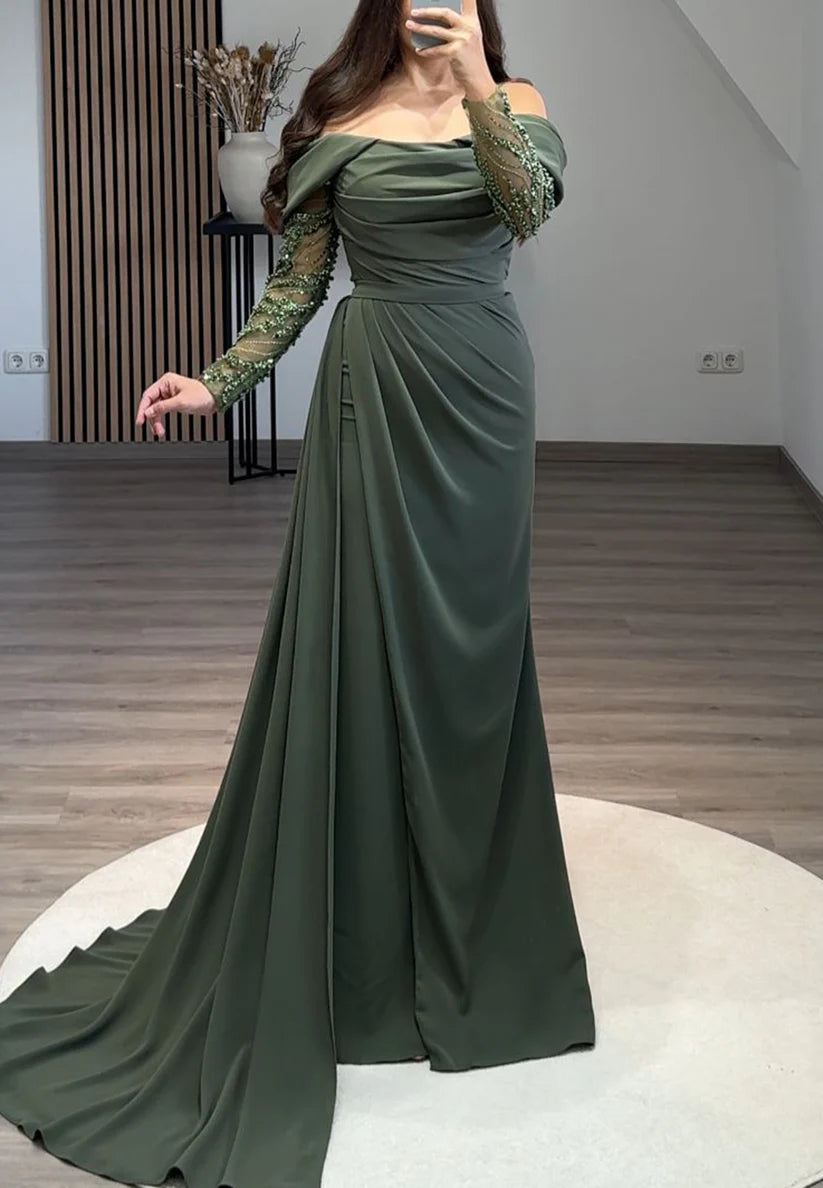 Off-Shoulder Long Sleeves Ruched Sheath Formal Dress simple gentle atmospheric and unique desi Bring summer colors to enhance whiteness