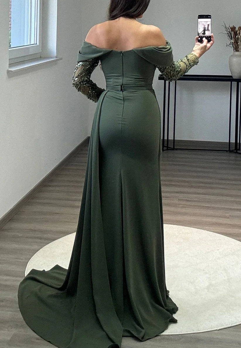 Off-Shoulder Long Sleeves Ruched Sheath Formal Dress simple gentle atmospheric and unique desi Bring summer colors to enhance whiteness