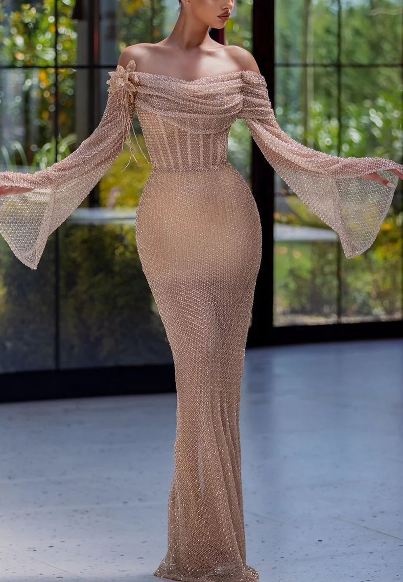 Off-Shoulder Long Sleeves Sheer Mermaid Evening Dress simple gentle atmospheric and unique desi Bring summer colors to enhance whiteness