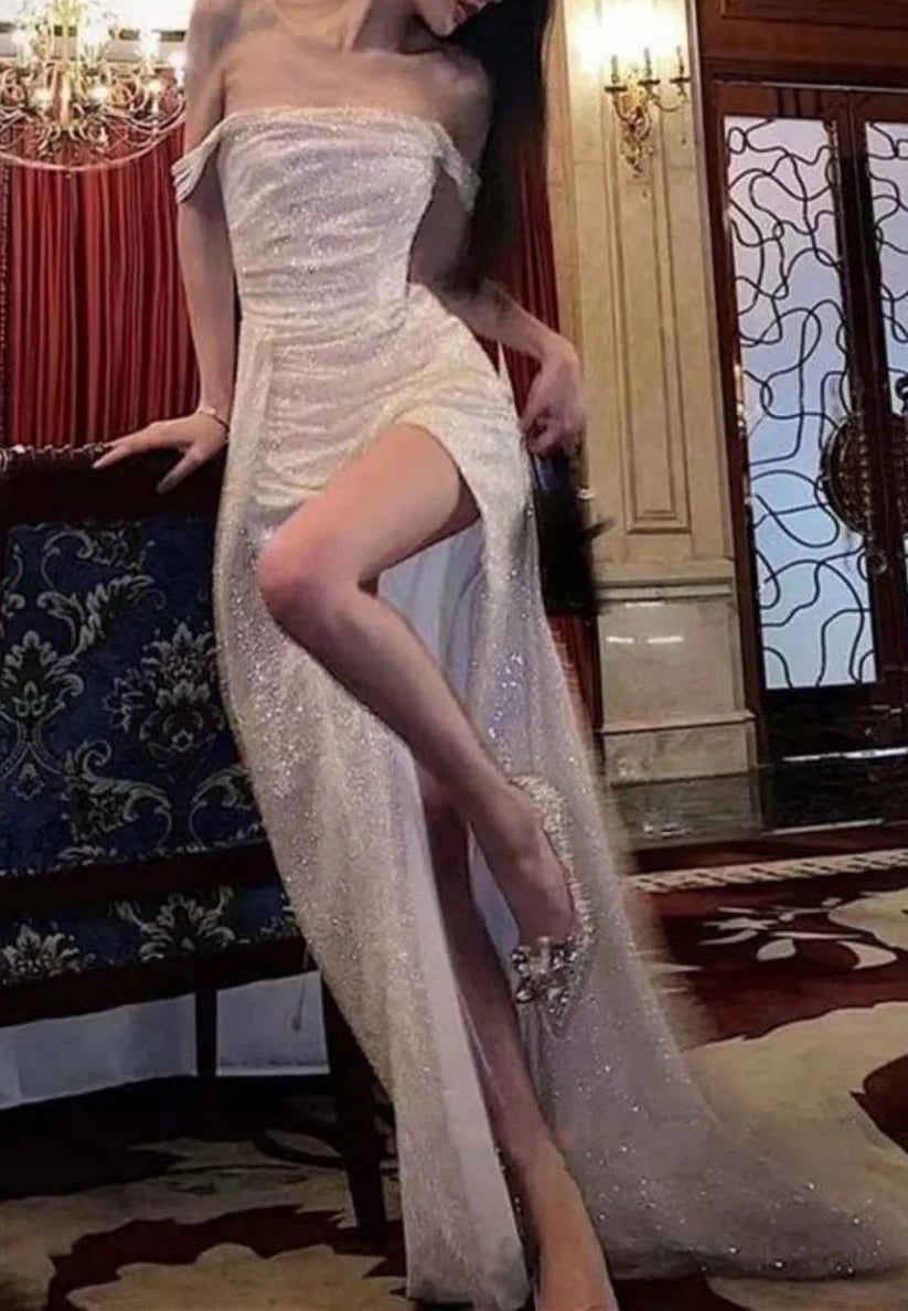 Off-Shoulder Pleated Side Slit Sparkly Sheath Prom Dress simple gentle atmospheric and unique desi Bring summer colors to enhance whiteness
