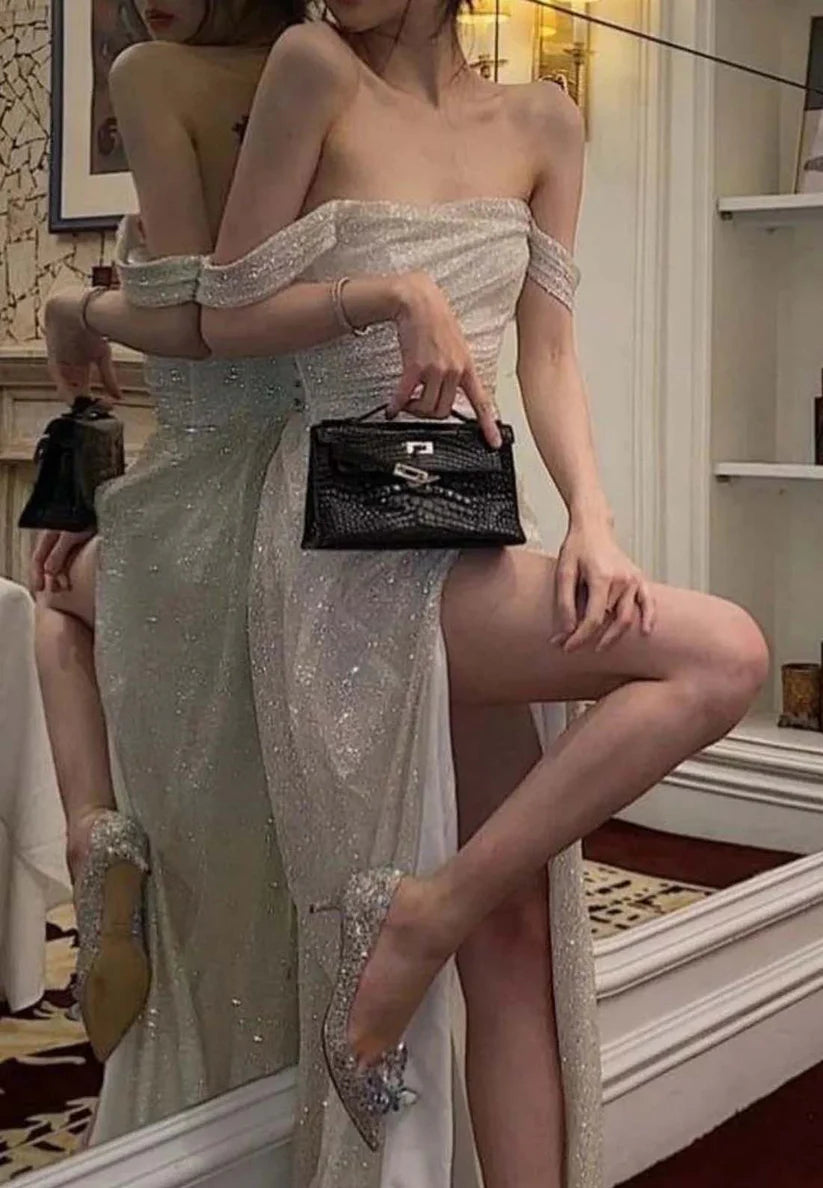Off-Shoulder Pleated Side Slit Sparkly Sheath Prom Dress simple gentle atmospheric and unique desi Bring summer colors to enhance whiteness
