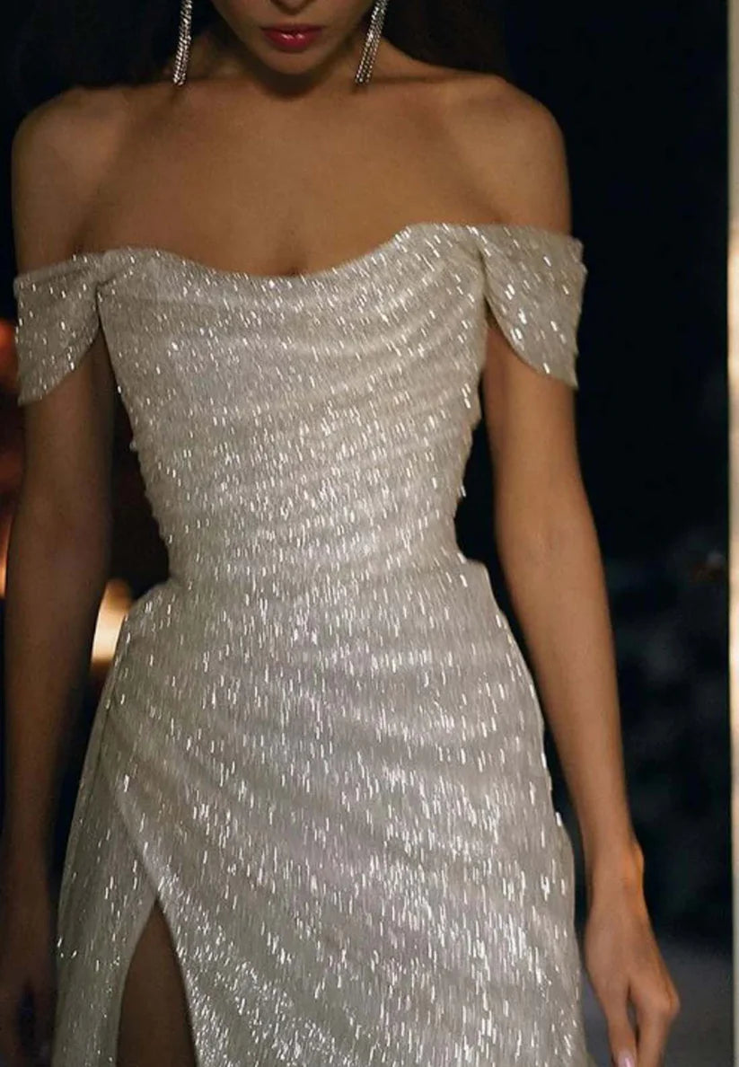 Off-Shoulder Pleated Side Slit Sparkly Sheath Prom Dress simple gentle atmospheric and unique desi Bring summer colors to enhance whiteness