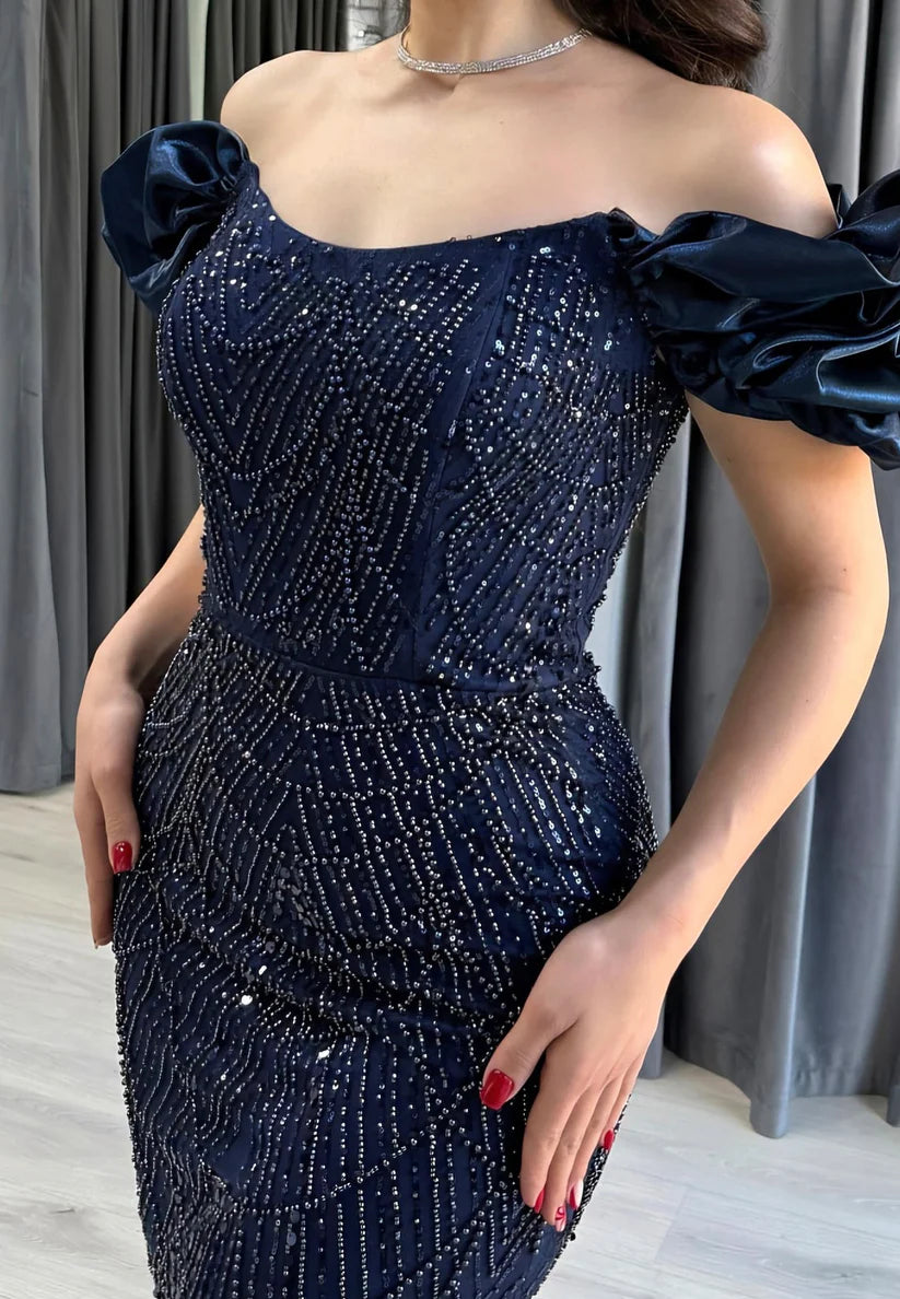 Off-Shoulder Puff Sleeves Beaded Embroidery Mermaiid Evening Dress simple gentle atmospheric and unique desi Bring summer colors to enhance whiteness