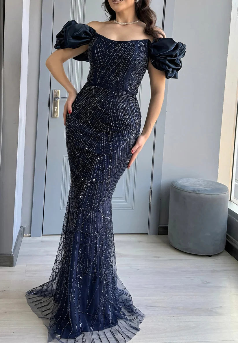 Off-Shoulder Puff Sleeves Beaded Embroidery Mermaiid Evening Dress simple gentle atmospheric and unique desi Bring summer colors to enhance whiteness