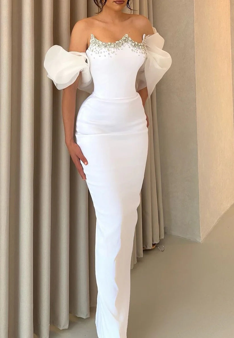 Off-Shoulder Puff Sleeves Beaded Sheath Wedding Dress simple gentle atmospheric and unique desi Bring summer colors to enhance whiteness