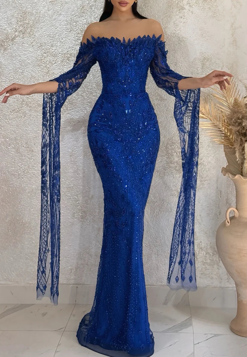 Off-Shoulder Sequins Beaded Long Sleeves Mermaid Evening Dress simple gentle atmospheric and unique desi Bring summer colors to enhance whiteness