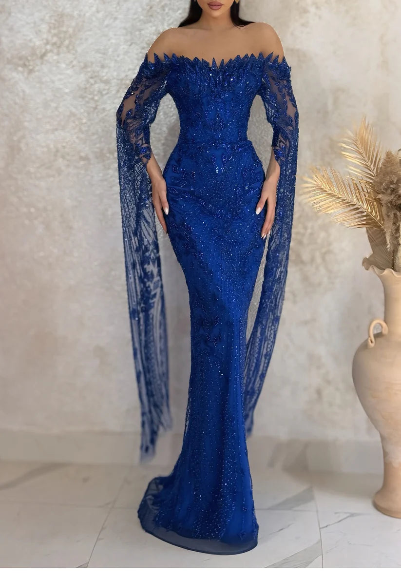 Off-Shoulder Sequins Beaded Long Sleeves Mermaid Evening Dress simple gentle atmospheric and unique desi Bring summer colors to enhance whiteness