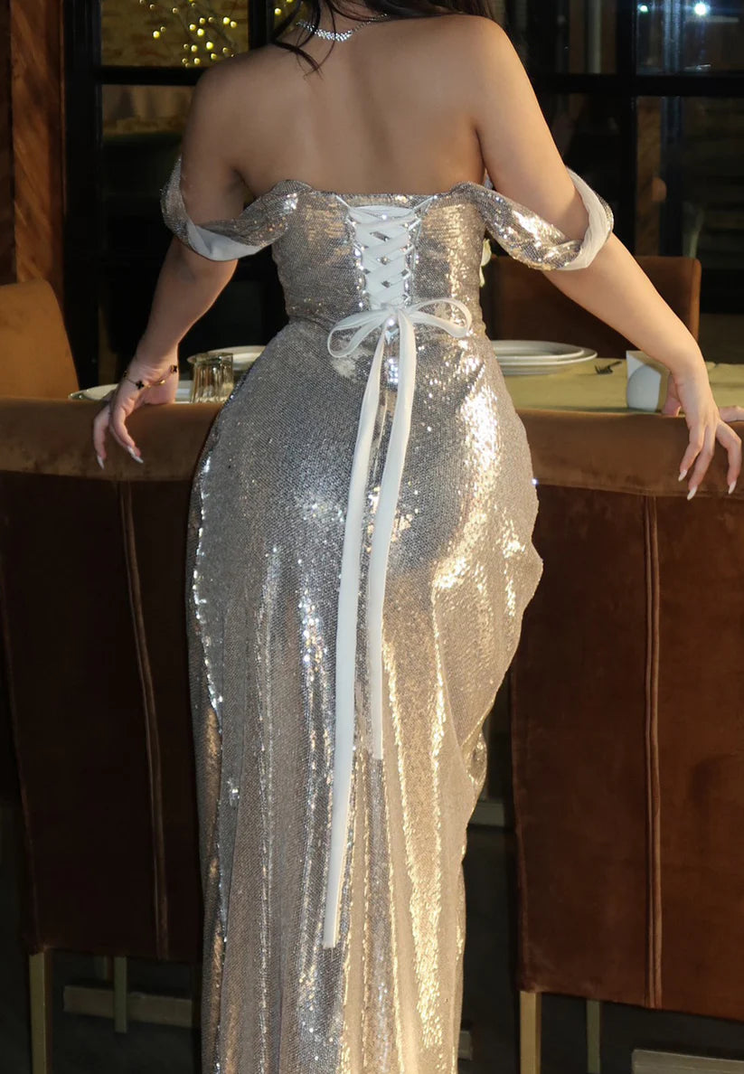 Off-Shoulder Sequins Pleated Sparkly Sheath Evening Dress simple gentle atmospheric and unique desi Bring summer colors to enhance whiteness