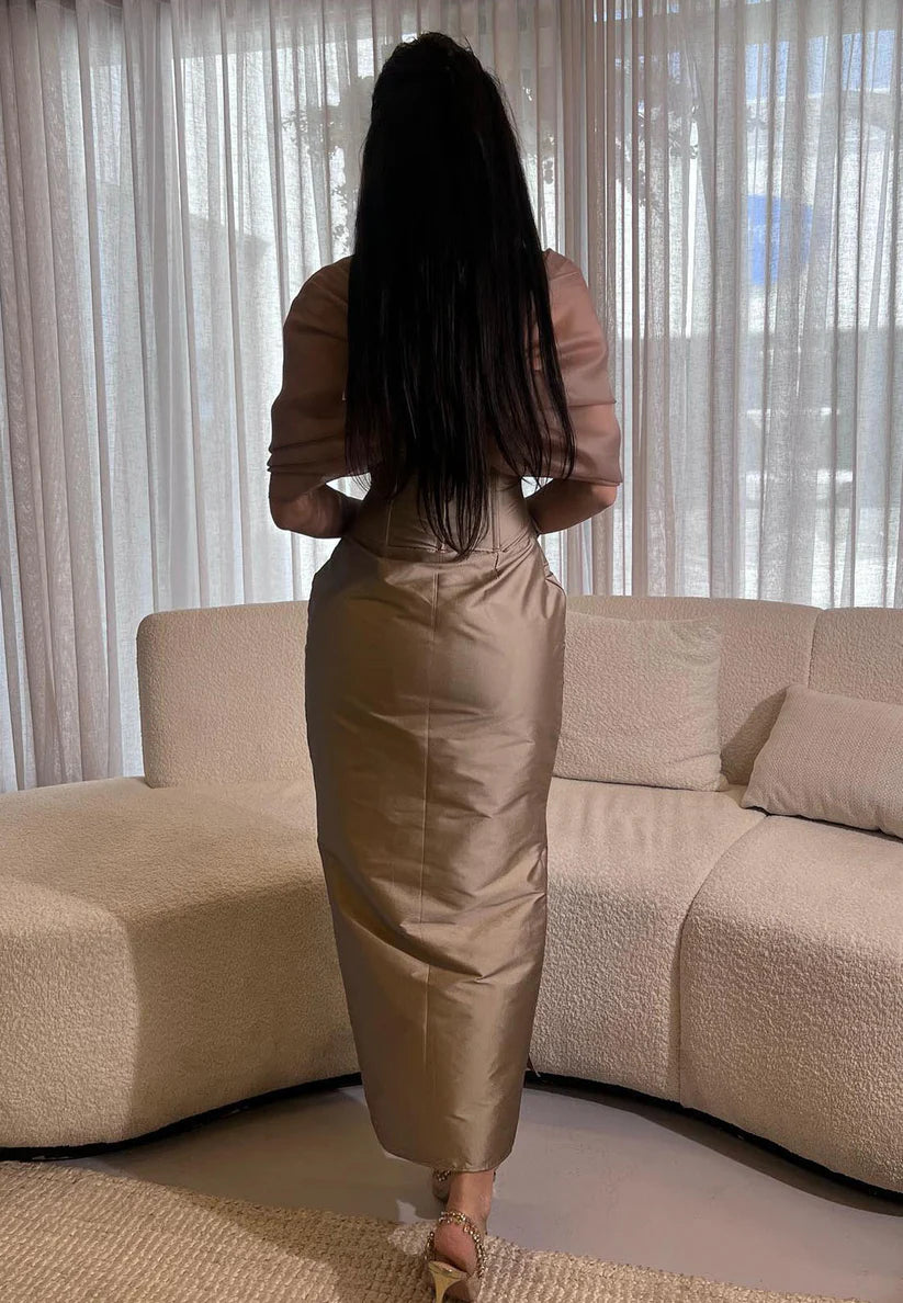 Off-Shoulder Short Sleeves Pleated Mermaid Floor-Length Evening Dress simple gentle atmospheric and unique desi Bring summer colors to enhance whiteness