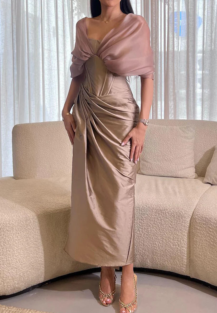 Off-Shoulder Short Sleeves Pleated Mermaid Floor-Length Evening Dress simple gentle atmospheric and unique desi Bring summer colors to enhance whiteness