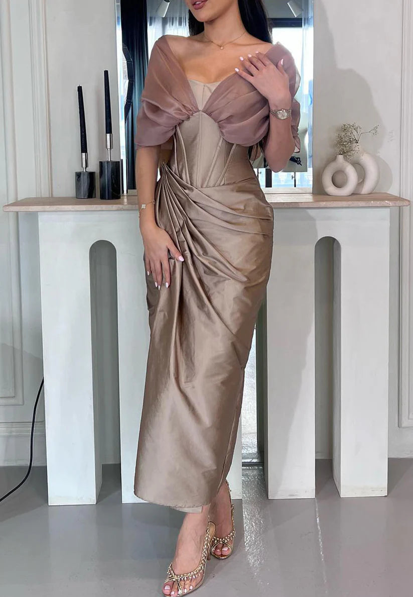 Off-Shoulder Short Sleeves Pleated Mermaid Floor-Length Evening Dress simple gentle atmospheric and unique desi Bring summer colors to enhance whiteness