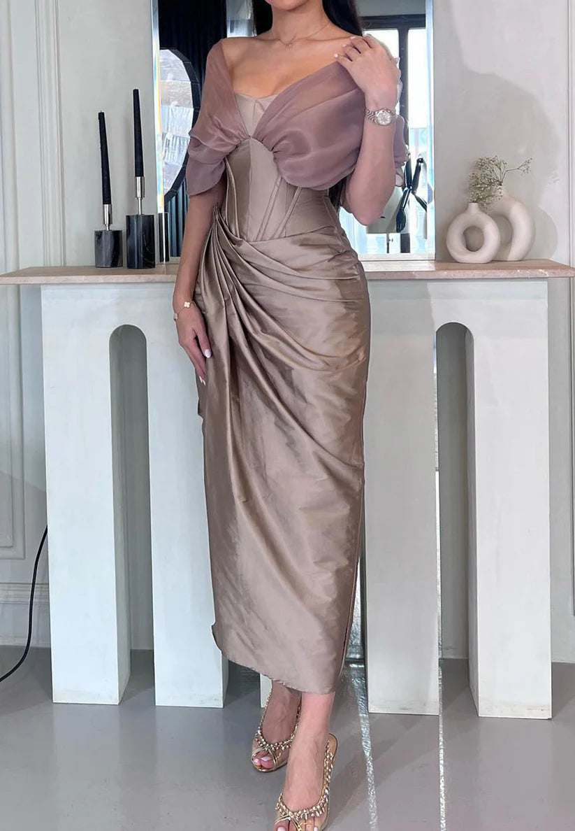 Off-Shoulder Short Sleeves Pleated Mermaid Floor-Length Evening Dress simple gentle atmospheric and unique desi Bring summer colors to enhance whiteness
