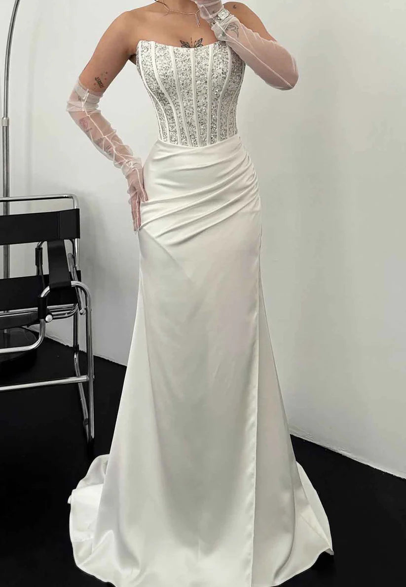 Off-Shoulder Sleeeveless Sleek Ruched Evening Dress Mermaid Prom Dress simple gentle atmospheric and unique desi Bring summer colors to enhance whiteness