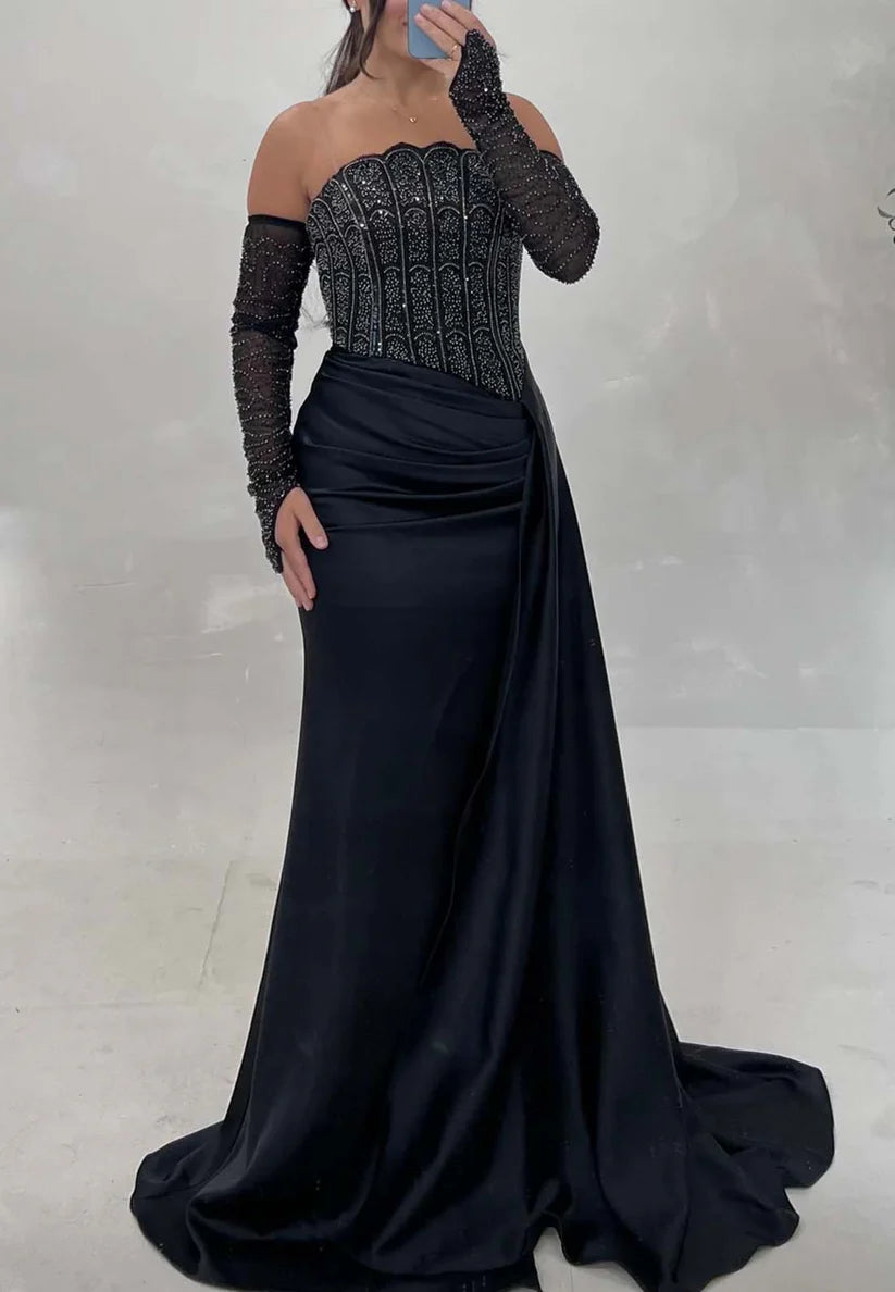 Off-Shoulder Sleeveless Beaded Pleated Evening Dress Mermaid Formal Dress simple gentle atmospheric and unique desi Bring summer colors to enhance whiteness