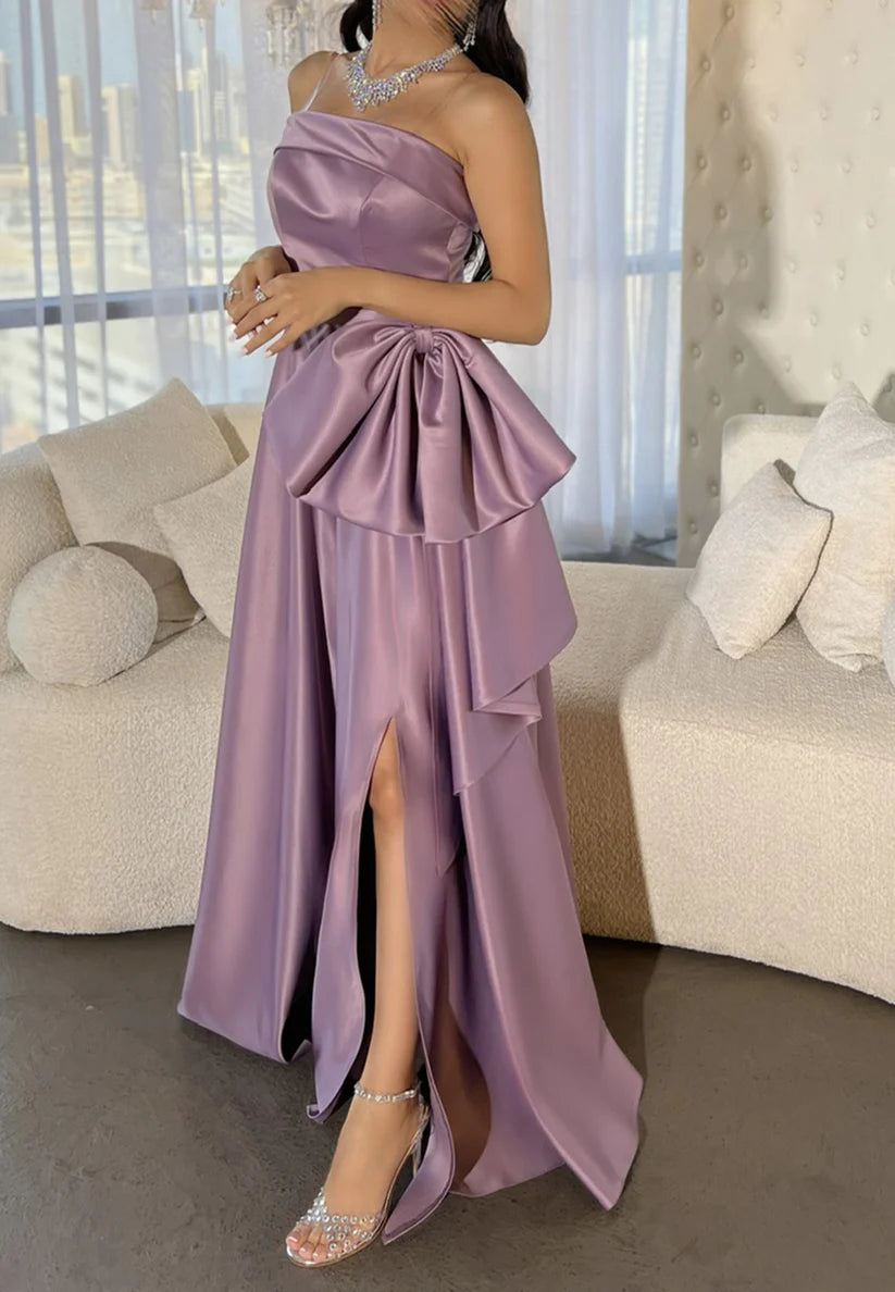 Off-Shoulder Sleeveless Bowknot Side Slit A-Line Evening Dress simple gentle atmospheric and unique desi Bring summer colors to enhance whiteness