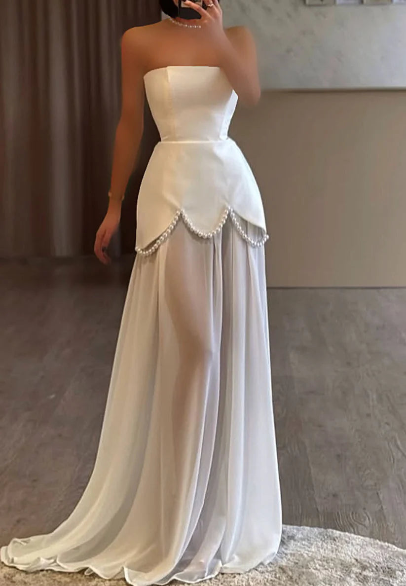 Off-Shoulder Sleeveless Pearl Chiffon A-Line Formal Dress simple gentle atmospheric and unique desi Bring summer colors to enhance whiteness