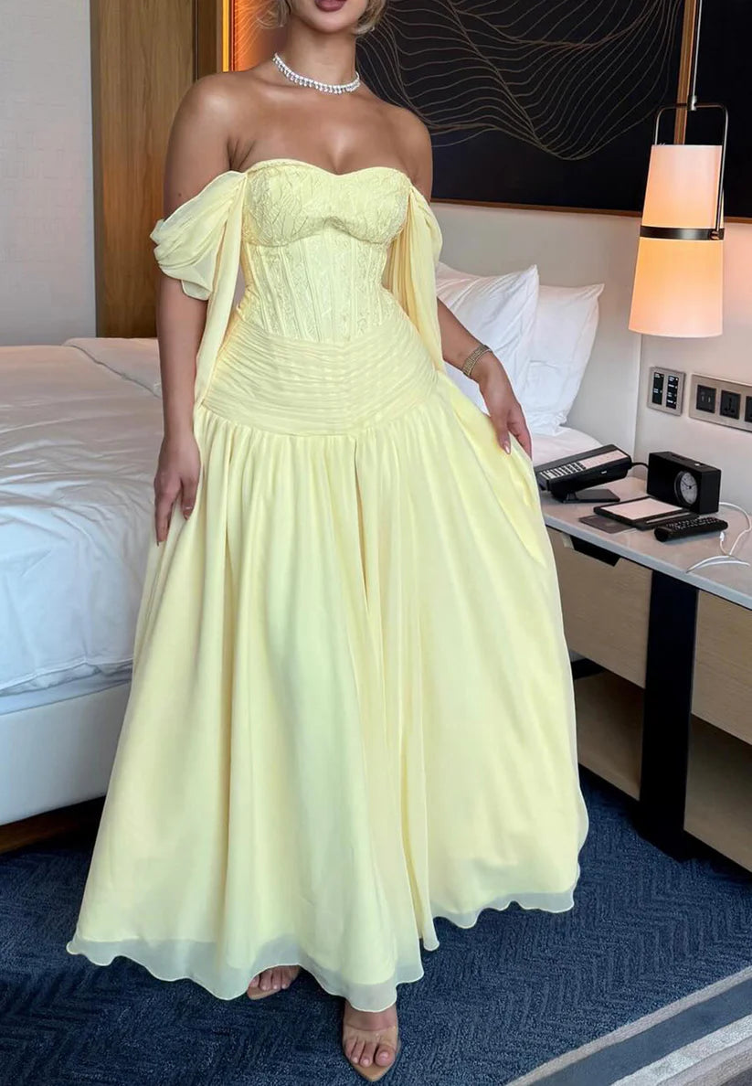 Off-Shoulder Sleeveless Pleated A-Line Party Dress simple gentle atmospheric and unique desi Bring summer colors to enhance whiteness