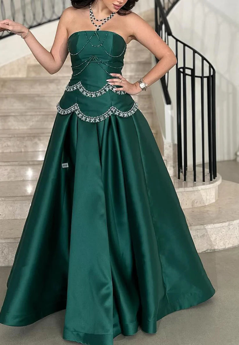 Off-Shoulder Sleeveless Pleated Beading Satin A-Line Evening Dress simple gentle atmospheric and unique desi Bring summer colors to enhance whiteness