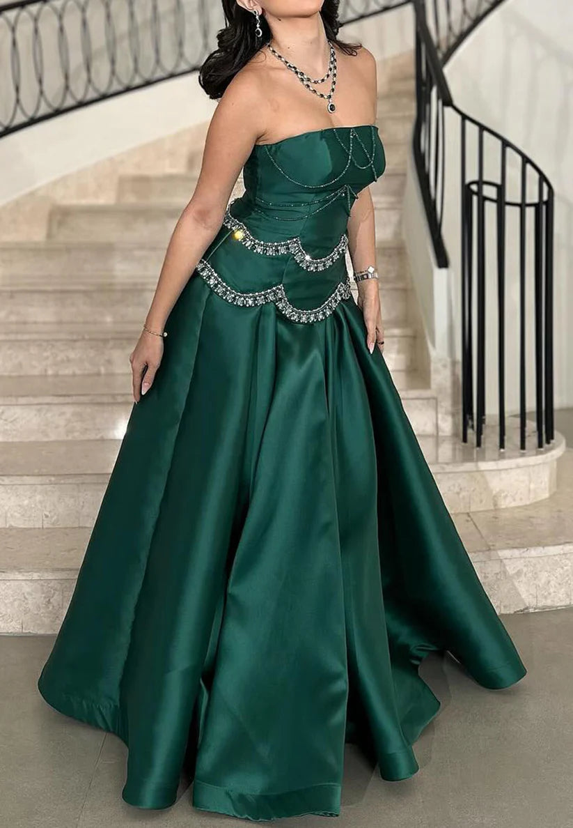 Off-Shoulder Sleeveless Pleated Beading Satin A-Line Evening Dress simple gentle atmospheric and unique desi Bring summer colors to enhance whiteness