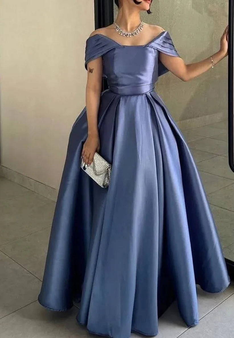 Off-Shoulder Sleeveless Pleated Satin A-Line Evening Dress simple gentle atmospheric and unique desi Bring summer colors to enhance whiteness