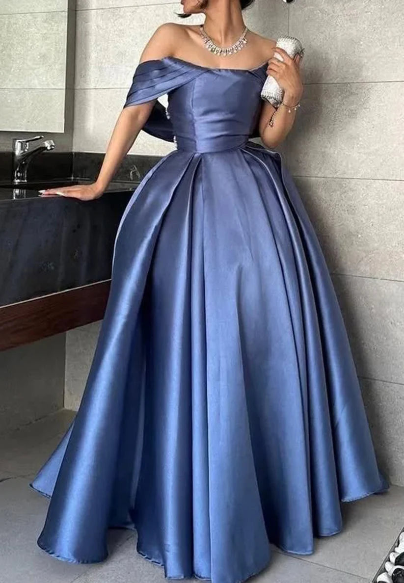 Off-Shoulder Sleeveless Pleated Satin A-Line Evening Dress simple gentle atmospheric and unique desi Bring summer colors to enhance whiteness