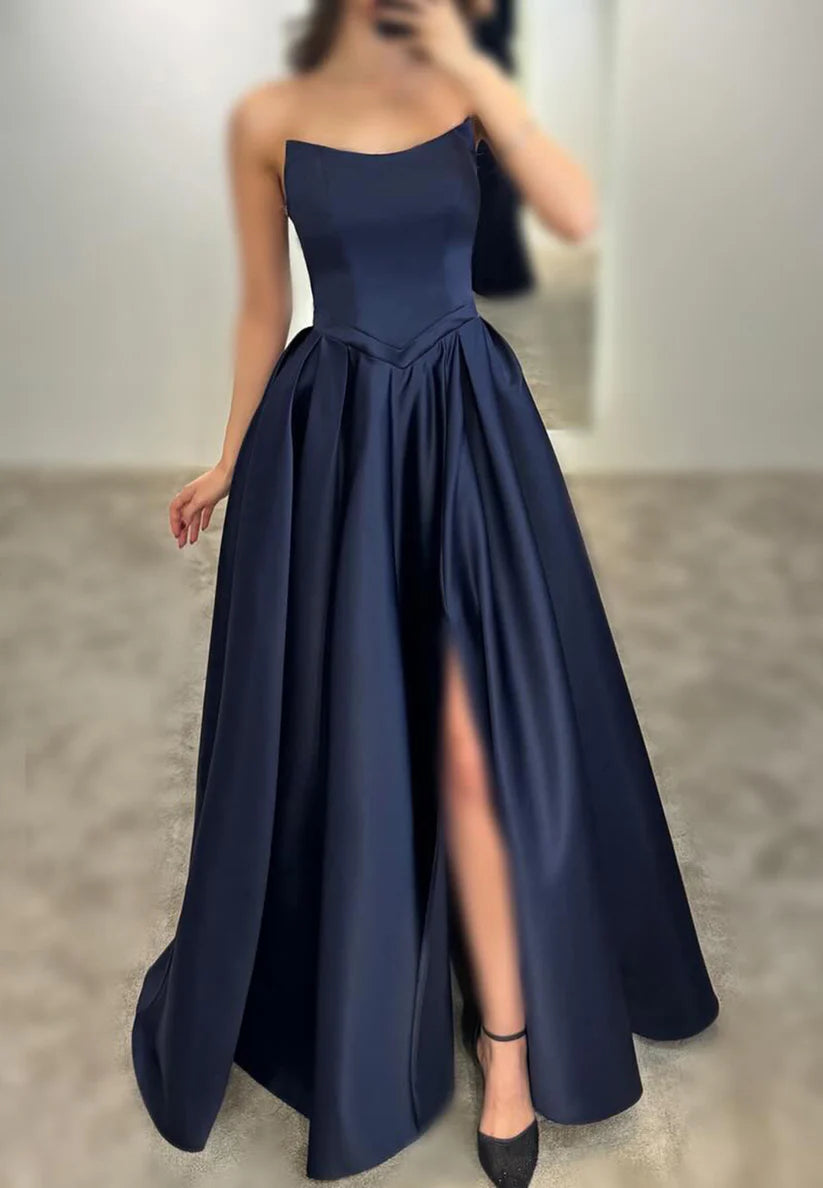 Off-Shoulder Sleeveless Pleated Side Slit A-Line Prom Dress simple gentle atmospheric and unique desi Bring summer colors to enhance whiteness
