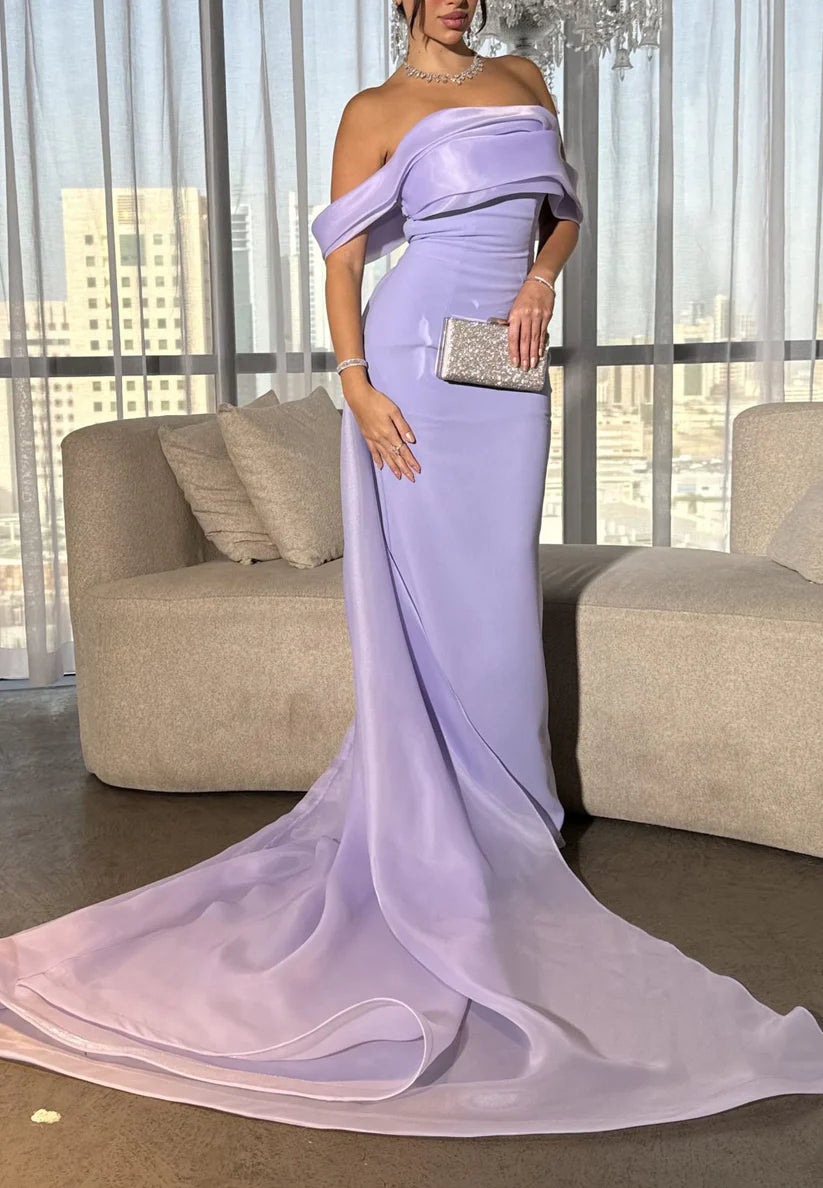 Off-Shoulder Sleeveless Sleek Sheath Lilac Evening Dress simple gentle atmospheric and unique desi Bring summer colors to enhance whiteness