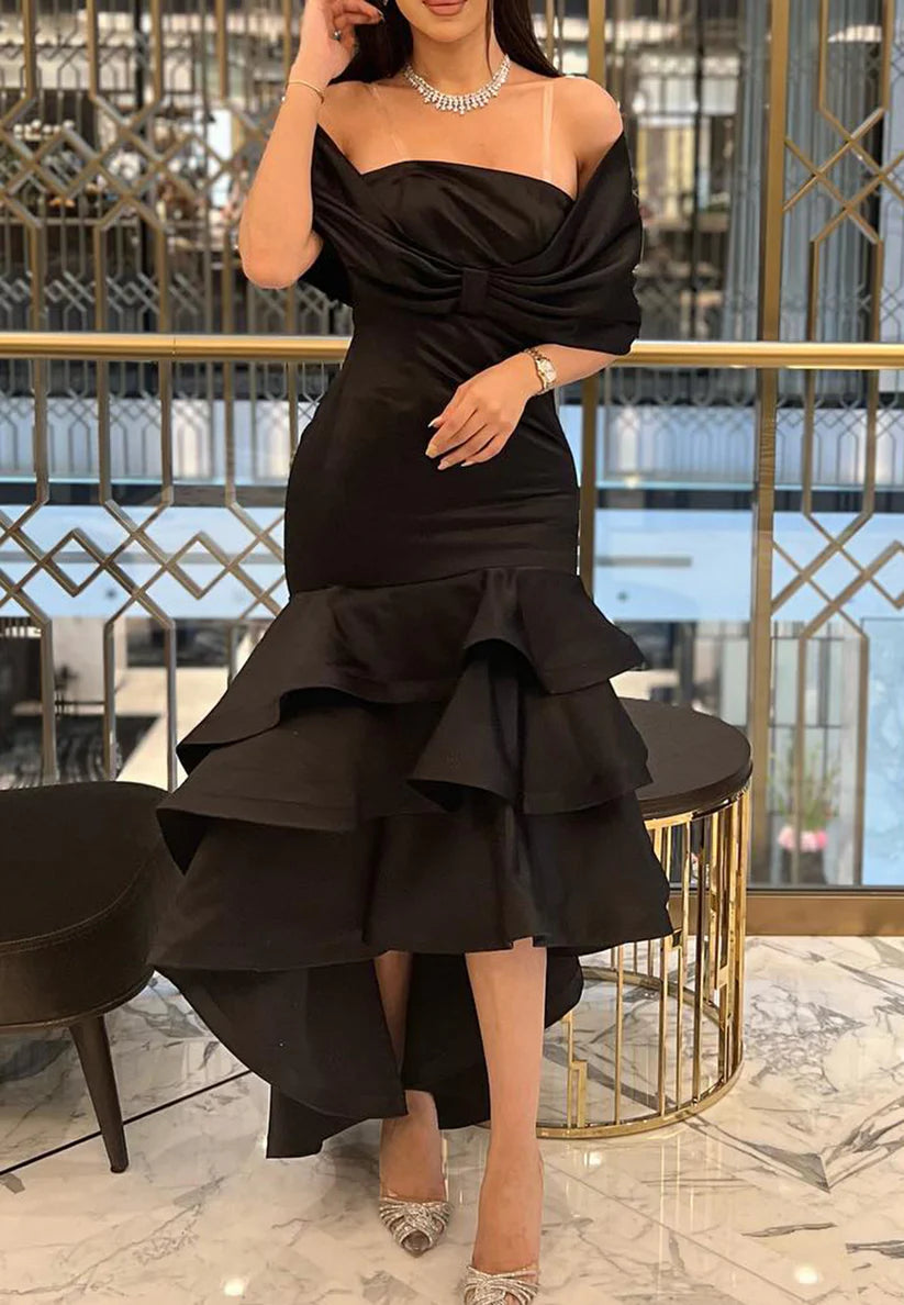 Off-Shoulder Sleeveless Tiered Mermaid Evening Dress simple gentle atmospheric and unique desi Bring summer colors to enhance whiteness