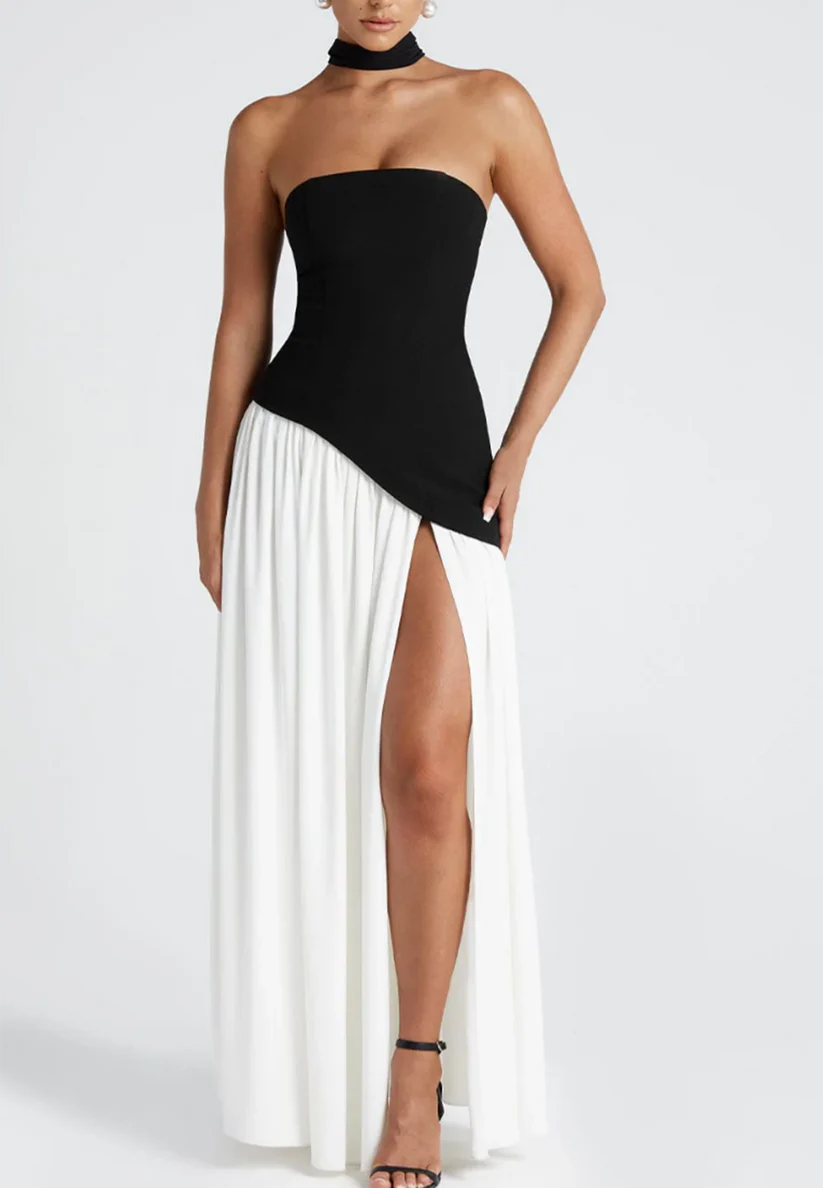 Off-Shoulder Sleeveless White Black Pleated A-Line Party Dress simple gentle atmospheric and unique desi Bring summer colors to enhance whiteness