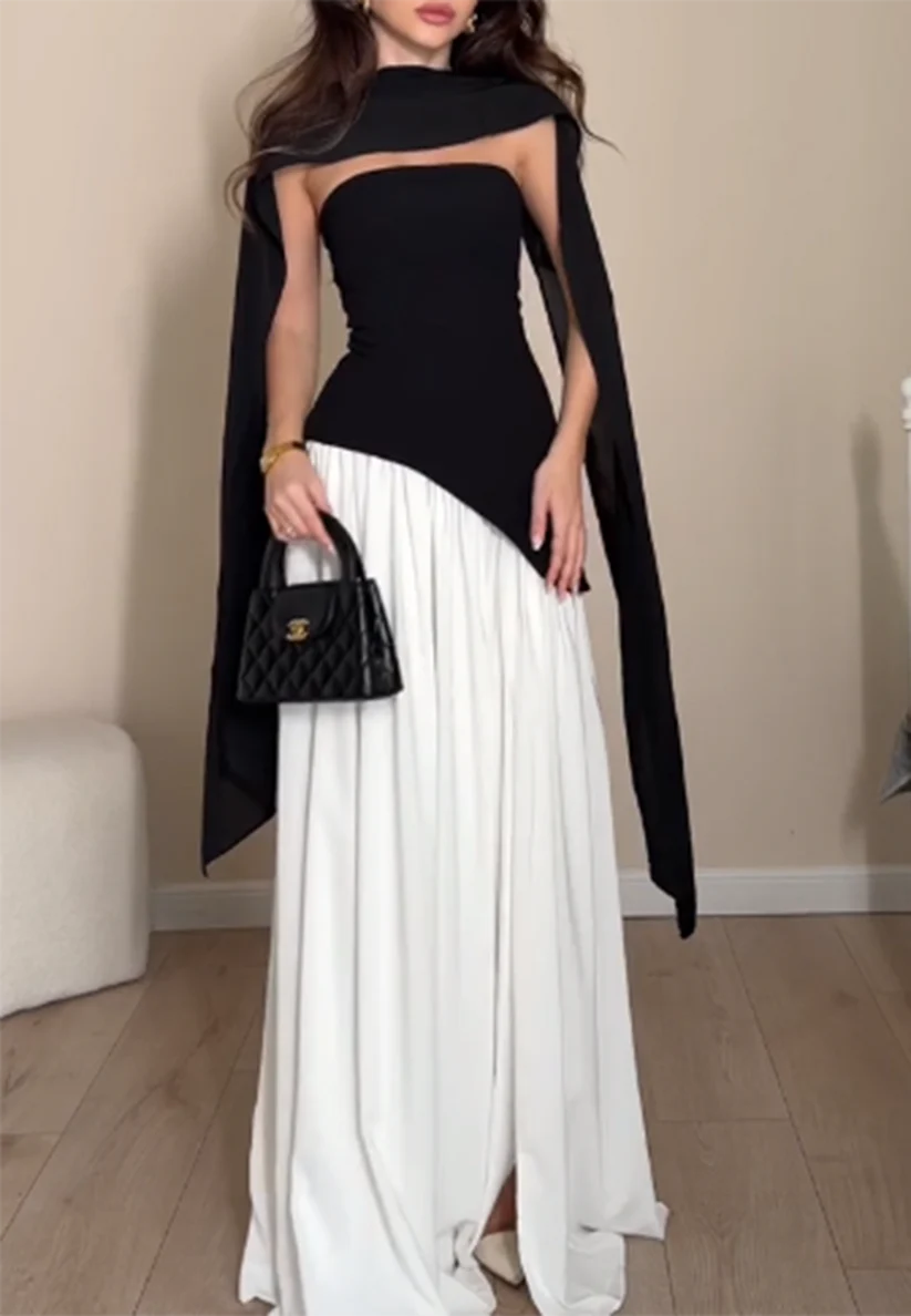 Off-Shoulder Sleeveless White Black Pleated A-Line Party Dress simple gentle atmospheric and unique desi Bring summer colors to enhance whiteness