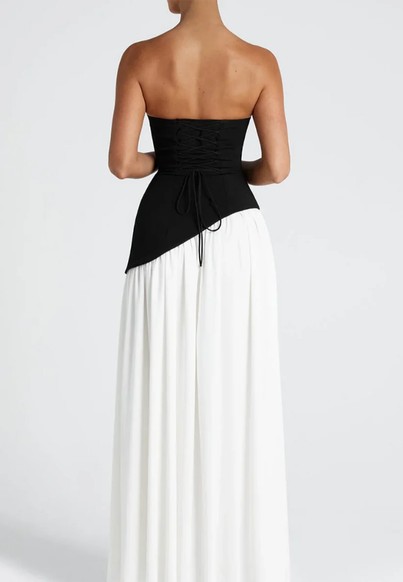 Off-Shoulder Sleeveless White Black Pleated A-Line Party Dress simple gentle atmospheric and unique desi Bring summer colors to enhance whiteness
