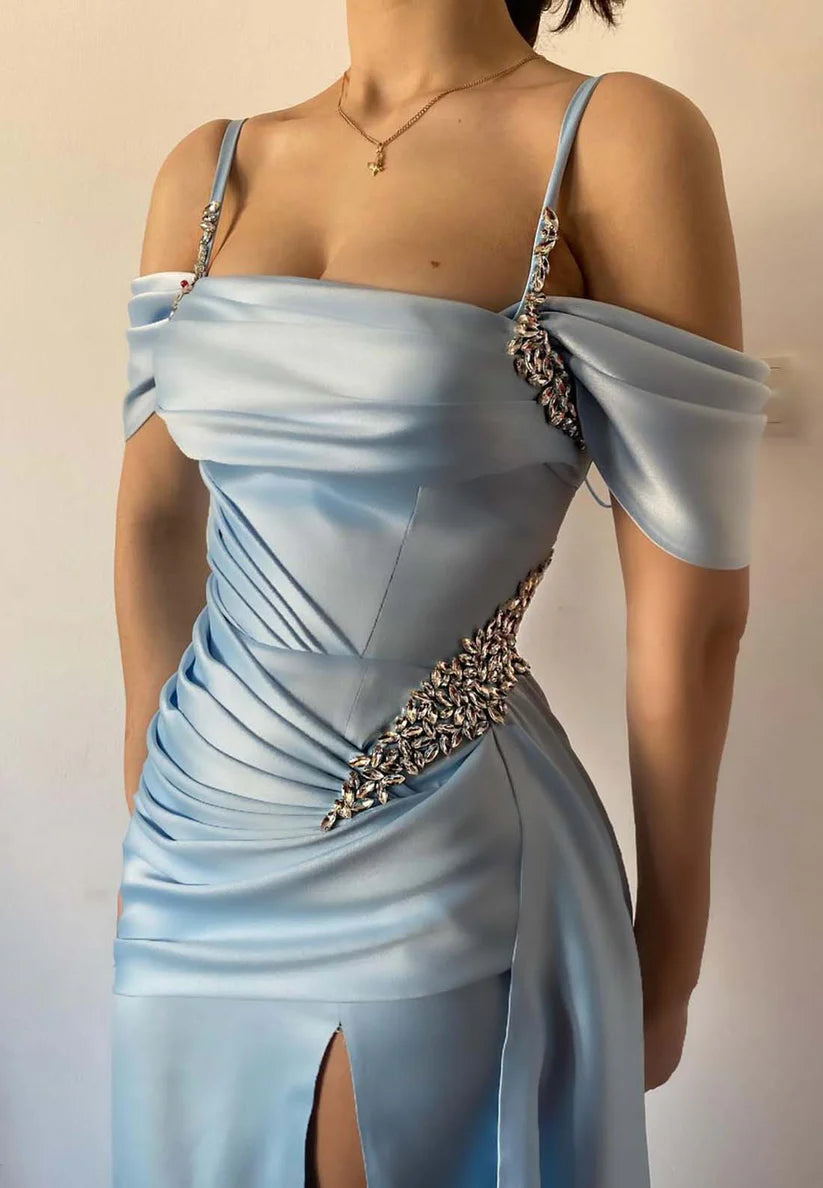 Off-Shoulder Spaghetti Straps Pleated Prom Dress Sheath Formal Dress simple gentle atmospheric and unique desi Bring summer colors to enhance whiteness