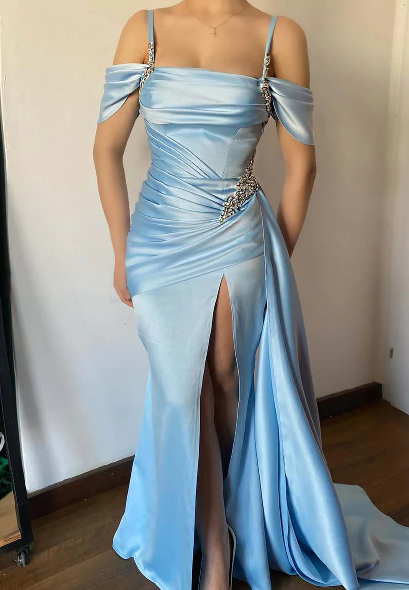 Off-Shoulder Spaghetti Straps Pleated Prom Dress Sheath Formal Dress simple gentle atmospheric and unique desi Bring summer colors to enhance whiteness