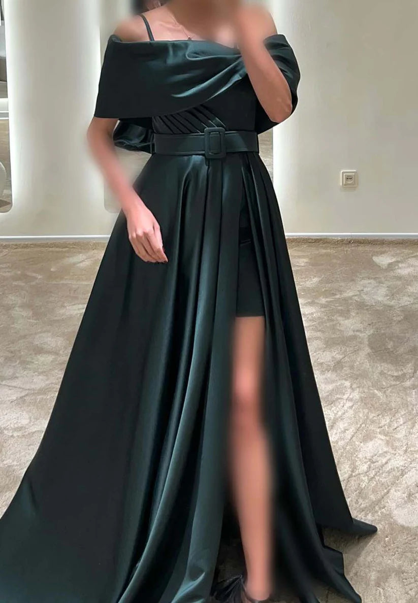 Off-Shoulder Spaghetti Straps Pleatedd Satin A-Line Formal Dress simple gentle atmospheric and unique desi Bring summer colors to enhance whiteness