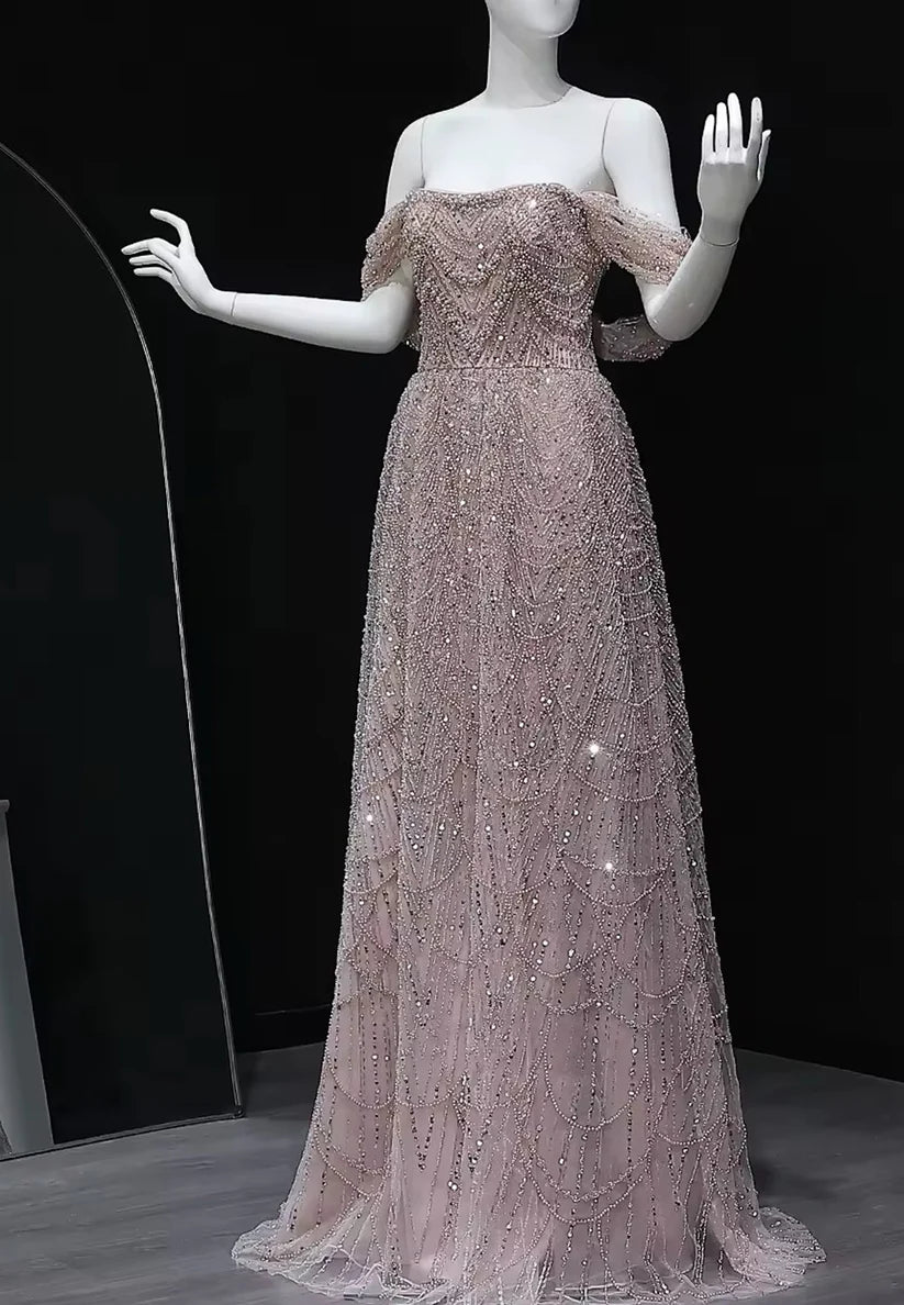 Off-Shoulder Strapless Beaded Embroidery A-Line Sparkly Prom Dress simple gentle atmospheric and unique desi Bring summer colors to enhance whiteness