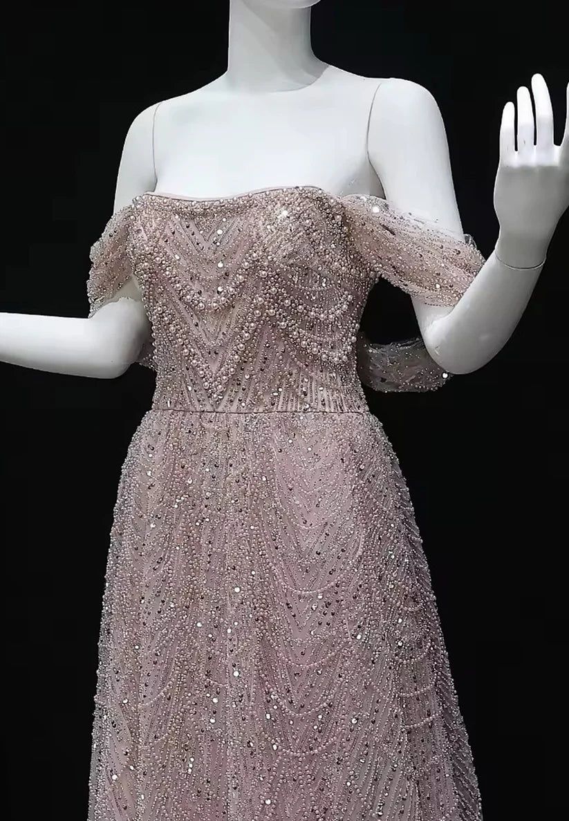 Off-Shoulder Strapless Beaded Embroidery A-Line Sparkly Prom Dress simple gentle atmospheric and unique desi Bring summer colors to enhance whiteness