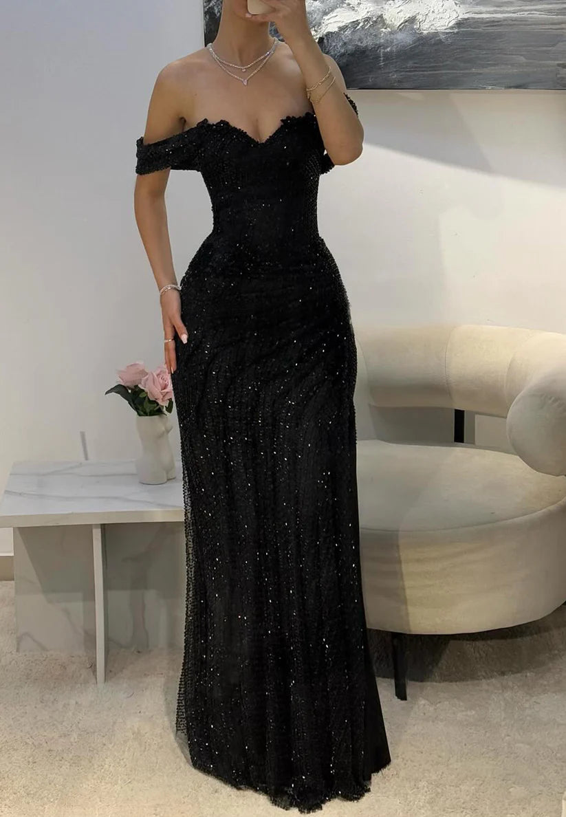 Off-Shoulder Strapless Beaded Sparkly Sheath Prom Dress simple gentle atmospheric and unique desi Bring summer colors to enhance whiteness