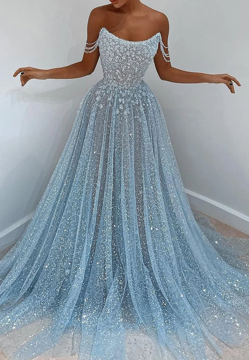 Off-Shoulder Strapless Beaded Tulle Sparkly A-Line Prom Dress simple gentle atmospheric and unique desi Bring summer colors to enhance whiteness