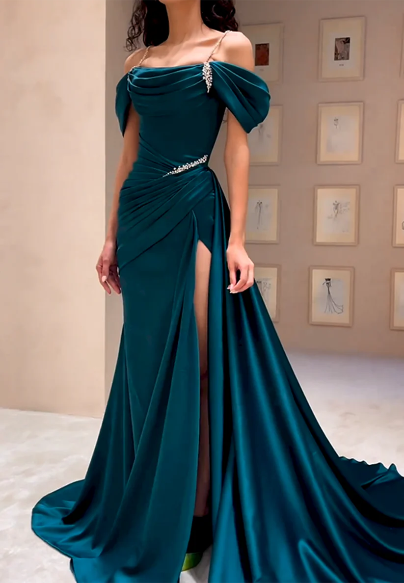 Off-Shoulder Strapless Pleated High Slit Sheath Prom Dress simple gentle atmospheric and unique desi Bring summer colors to enhance whiteness