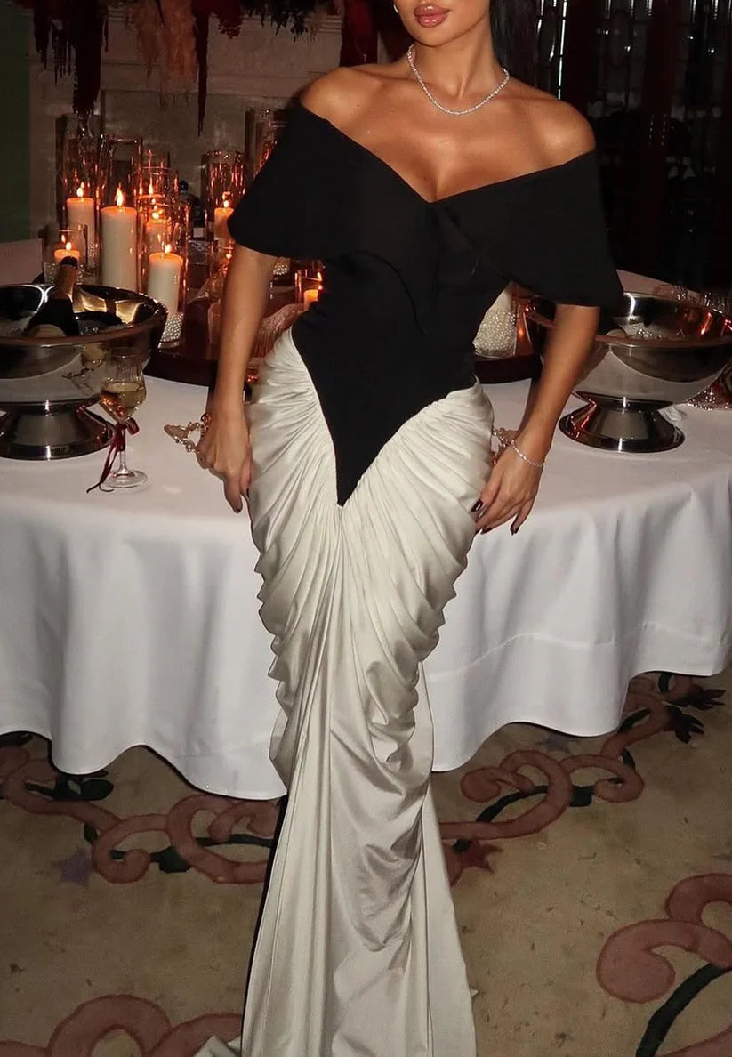 Off-Shoulder Strapless Pleated Mermaid Evening Dress simple gentle atmospheric and unique desi Bring summer colors to enhance whiteness