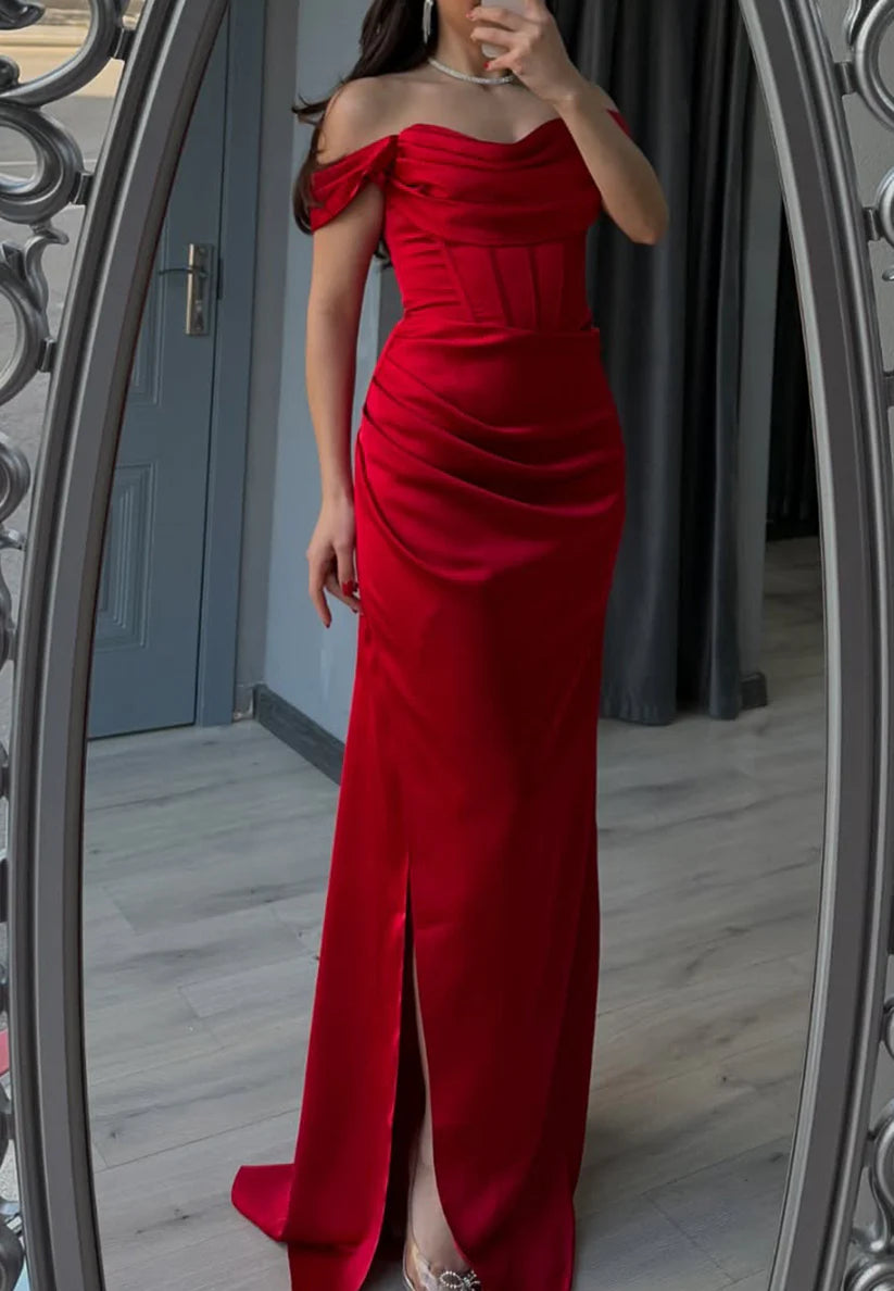 Off-Shoulder Strapless Pleated Side Slit Sleek Sheeath Prom Dress simple gentle atmospheric and unique desi Bring summer colors to enhance whiteness