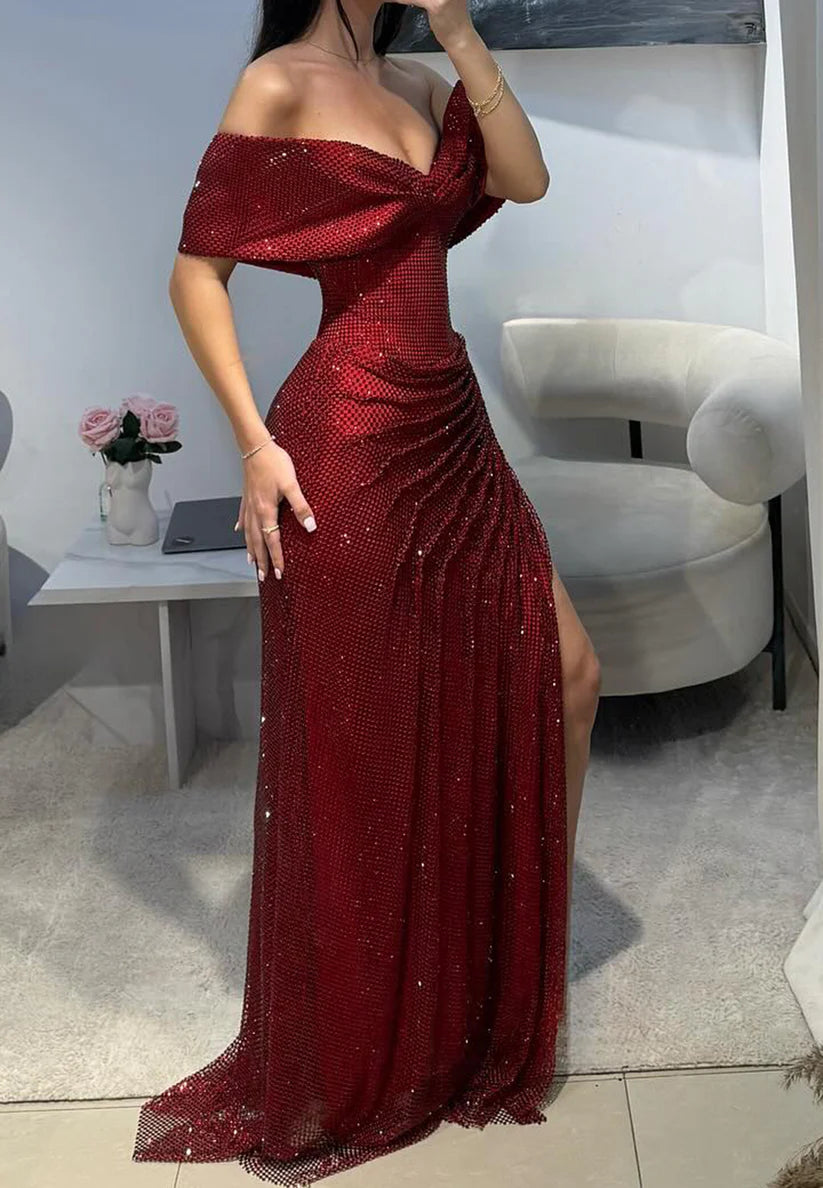 Off-Shoulder Strapless Pleated Sparkly Mermaid Prom Dress simple gentle atmospheric and unique desi Bring summer colors to enhance whiteness