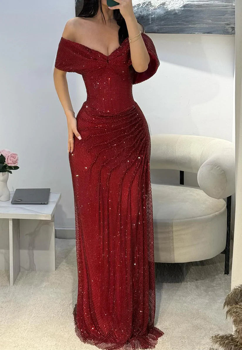 Off-Shoulder Strapless Pleated Sparkly Mermaid Prom Dress simple gentle atmospheric and unique desi Bring summer colors to enhance whiteness