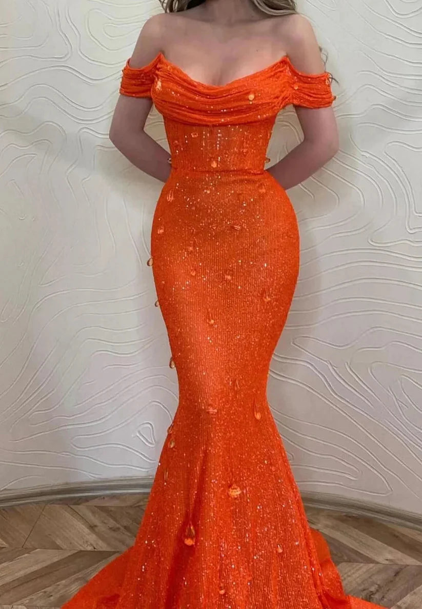 Off-Shoulder Strapless Sequins Beaded Emboridery Prom Dress Mermaid Evening Dress simple gentle atmospheric and unique desi Bring summer colors to enhance whiteness